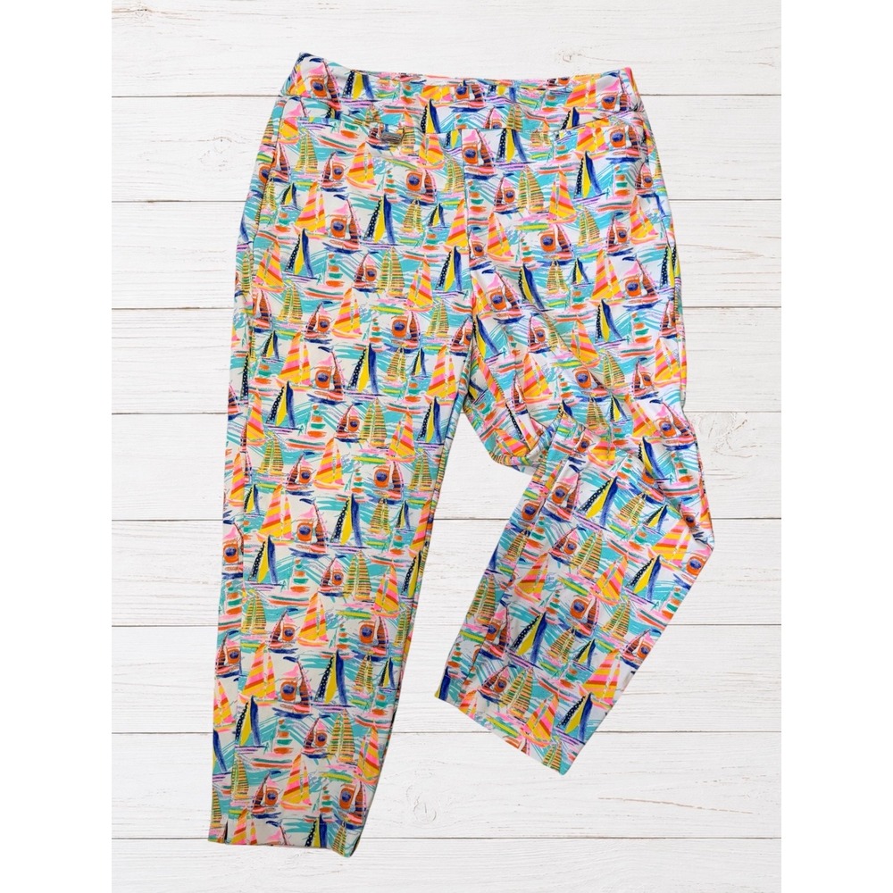 LuLu-B Sailboat Print Pull On Capri Pants Size 10 Coastal Nautical Stretch